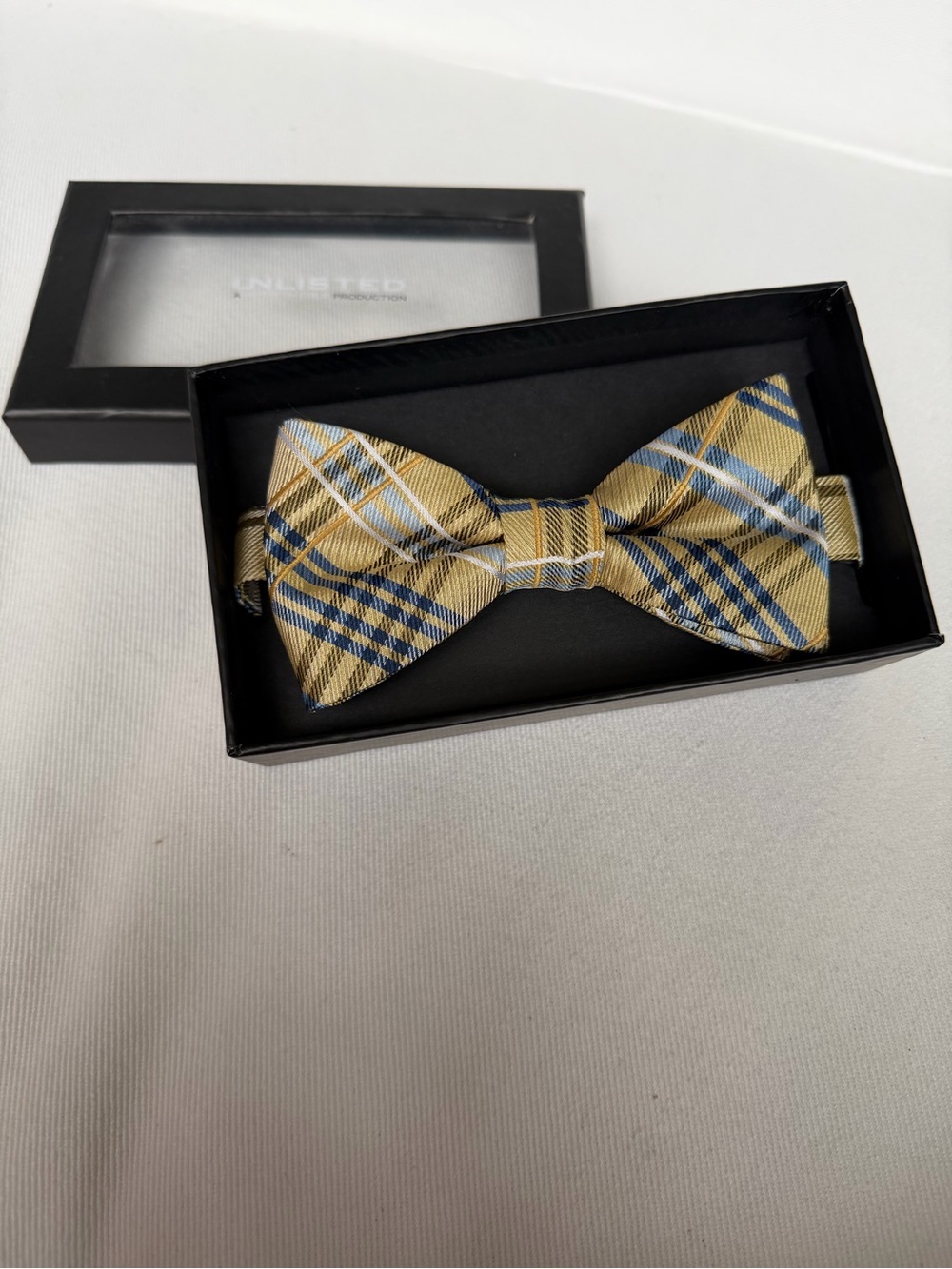 Unlisted Gold Plaid Bow Tie with Blue and White Accents